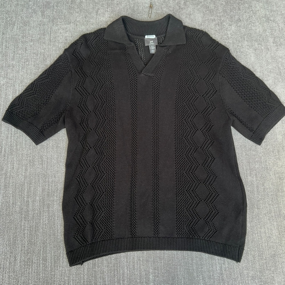 H&M Polo Shirt Mens M Black Open Crochet Knit Short Sleeve Collared Loose Fit